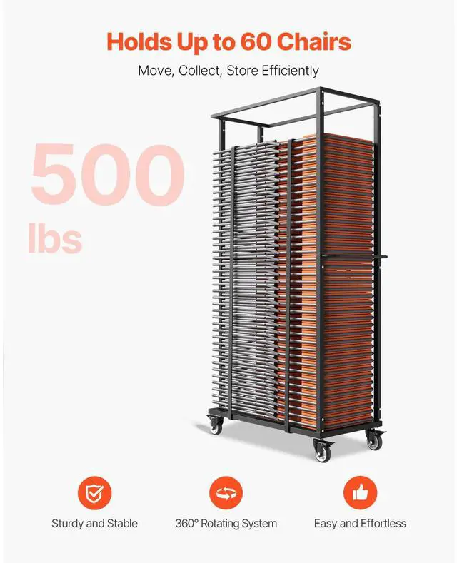 Alt view image 2 of 7 - Folding Chair Rack, 500 LBS Capacity, Heavy-duty Chair Cart for 60 Chairs, Metal Chair Storage Dolly Chair Holder with Swivel Casters and Locking Wheels, for Party Event,Hotel,Matte Black