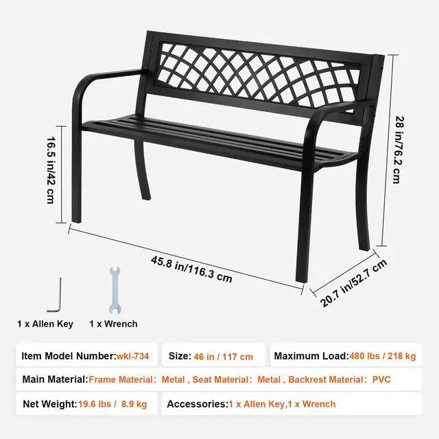 Alt view image 7 of 7 - Outdoor Bench,46 inches Metal Garden Bench for Outdoors, 480 lbs Load Capacity Bench, Outdoor Garden Park Bench with Backrest and Armrests, Patio Bench for Garden, Park, Yard, Front Porch