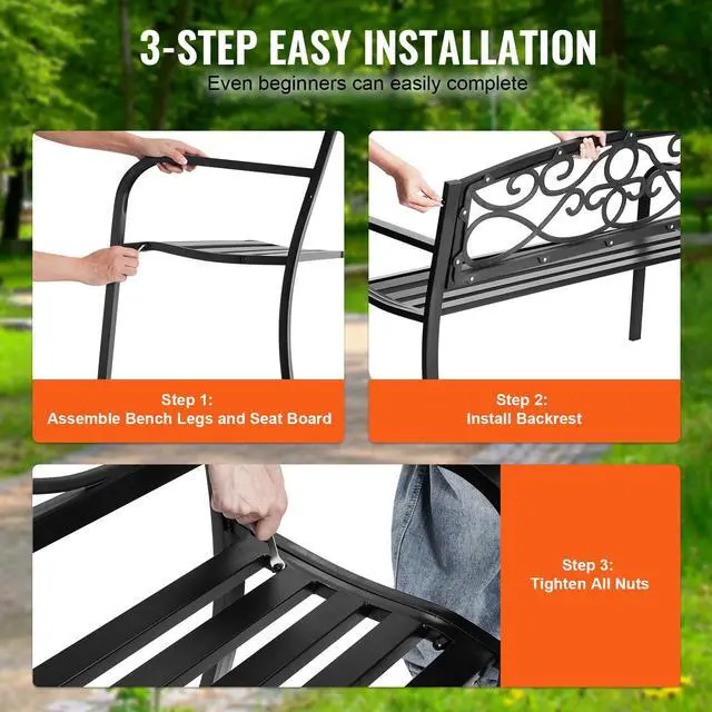 Alt view image 5 of 7 - Outdoor Bench, 50 inches Metal Garden Bench for Outdoors, 550 lbs Load Capacity Bench, Outdoor Garden Park Bench with Backrest and Armrests, Patio Bench for Garden, Park, Yard, Front Porch