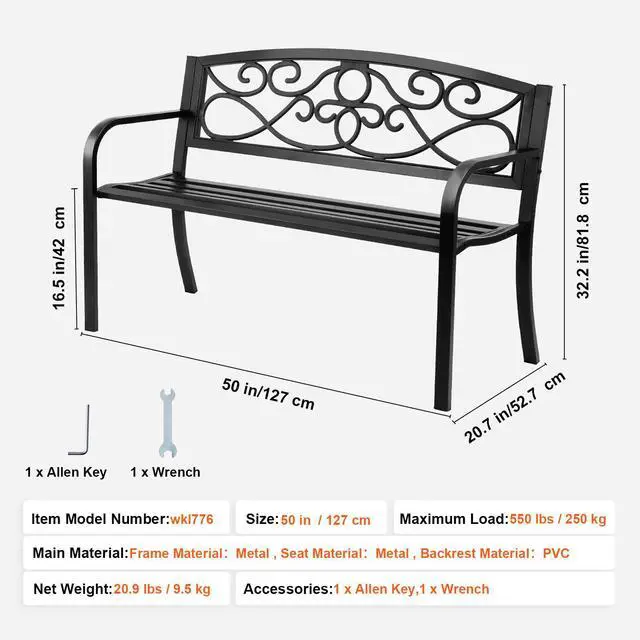 Alt view image 7 of 7 - Outdoor Bench, 50 inches Metal Garden Bench for Outdoors, 550 lbs Load Capacity Bench, Outdoor Garden Park Bench with Backrest and Armrests, Patio Bench for Garden, Park, Yard, Front Porch