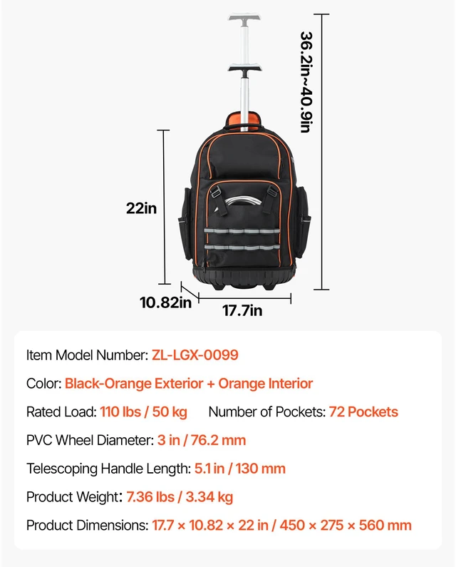 Alt view image 15 of 15 - Rolling Tool Backpack, 110 lbs Load Capacity, 72 Pockets Heavy Duty Roller Tool Bag on Wheels, Adjustable Telescoping Handle & Stable Base, Toolbag Organizers for Construction, Mechanic