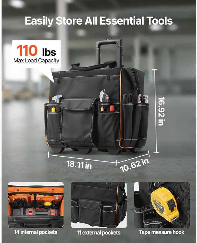 Alt view image 2 of 7 - Rolling Tool Bag, 110 lbs Load Capacity, 25 Pockets Heavy Duty Roller Tool Bag with Adjustable Telescoping Handle & Stable Base, Toolbag Organizers with Wheels for Electrician, Construction