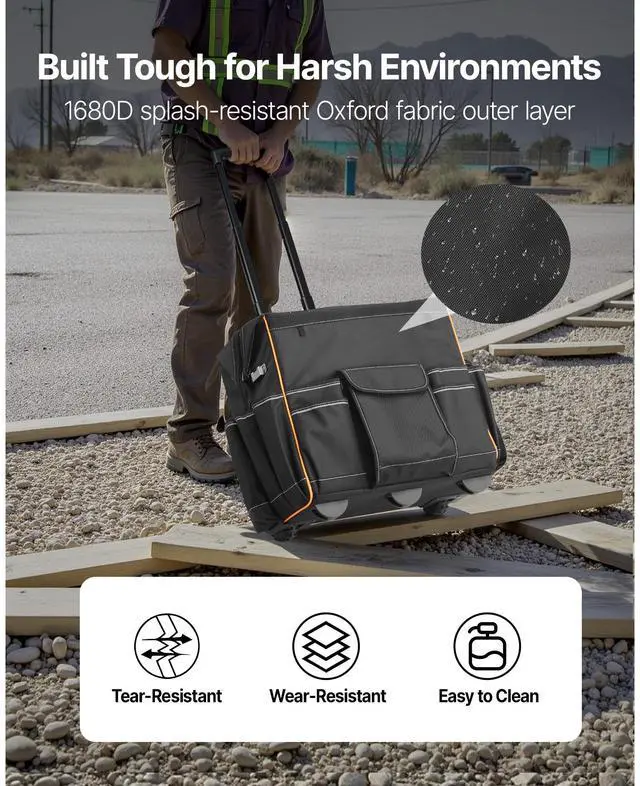 Alt view image 3 of 7 - Rolling Tool Bag, 110 lbs Load Capacity, 25 Pockets Heavy Duty Roller Tool Bag with Adjustable Telescoping Handle & Stable Base, Toolbag Organizers with Wheels for Electrician, Construction