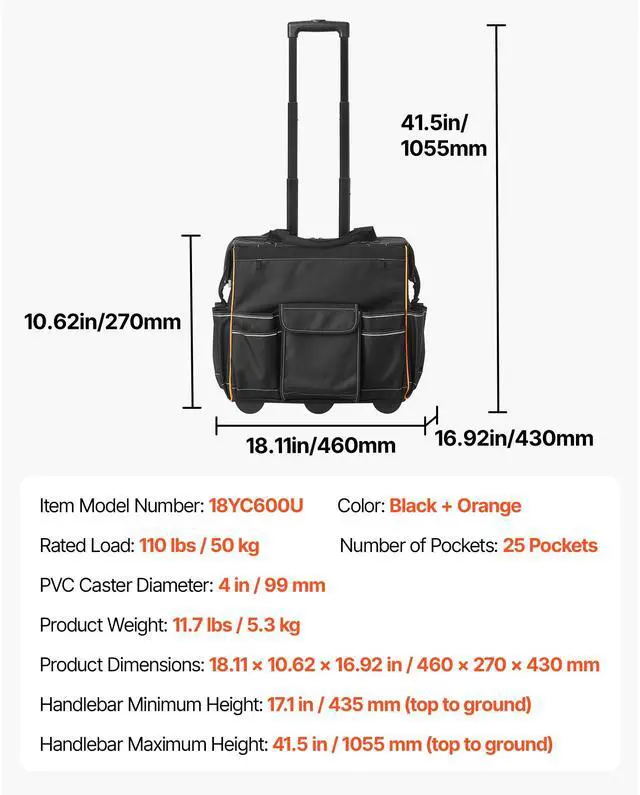 Alt view image 7 of 7 - Rolling Tool Bag, 110 lbs Load Capacity, 25 Pockets Heavy Duty Roller Tool Bag with Adjustable Telescoping Handle & Stable Base, Toolbag Organizers with Wheels for Electrician, Construction
