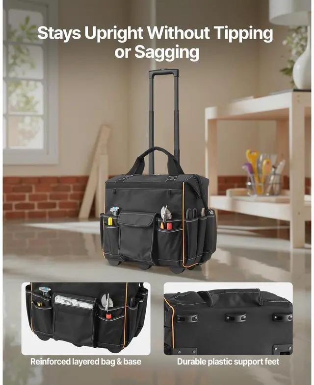 Alt view image 5 of 7 - Rolling Tool Bag, 110 lbs Load Capacity, 25 Pockets Heavy Duty Roller Tool Bag with Adjustable Telescoping Handle & Stable Base, Toolbag Organizers with Wheels for Electrician, Construction