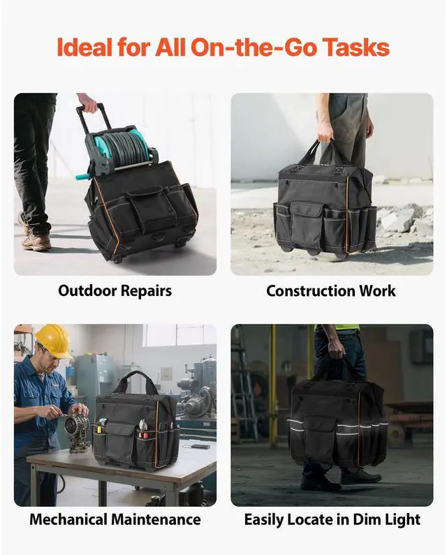 Alt view image 6 of 7 - Rolling Tool Bag, 110 lbs Load Capacity, 25 Pockets Heavy Duty Roller Tool Bag with Adjustable Telescoping Handle & Stable Base, Toolbag Organizers with Wheels for Electrician, Construction
