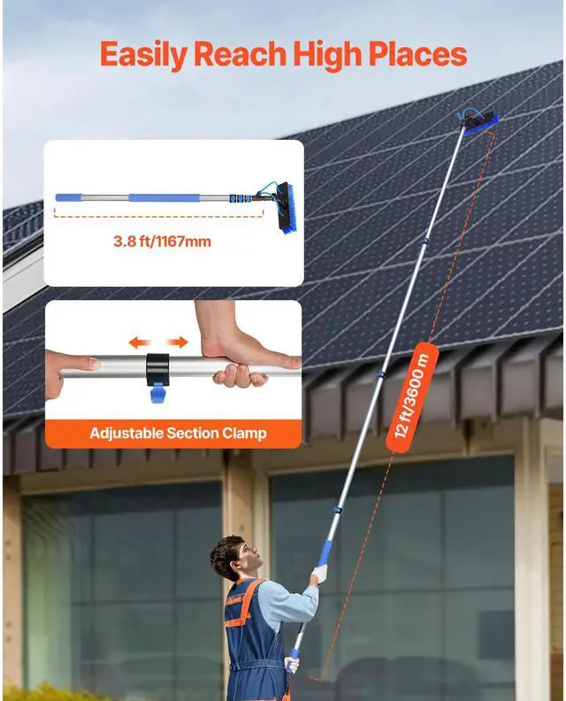 Alt view image 4 of 7 - Water Fed Pole Kit, 12FT Solar Panel Cleaning Pole with Extendable Handle, 180° Rotatable Brush Head & 65.6FT Hose, Household & Outdoor Window Cleaner Tool for Caravan Solar Panel Deck