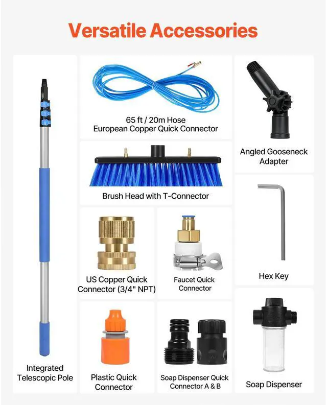 Alt view image 6 of 7 - Water Fed Pole Kit, 12FT Solar Panel Cleaning Pole with Extendable Handle, 180° Rotatable Brush Head & 65.6FT Hose, Household & Outdoor Window Cleaner Tool for Caravan Solar Panel Deck