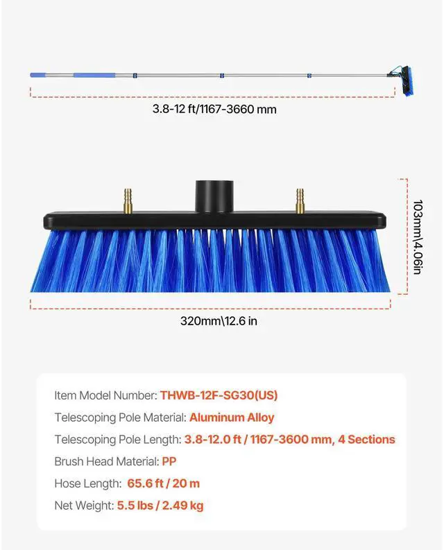 Alt view image 7 of 7 - Water Fed Pole Kit, 12FT Solar Panel Cleaning Pole with Extendable Handle, 180° Rotatable Brush Head & 65.6FT Hose, Household & Outdoor Window Cleaner Tool for Caravan Solar Panel Deck