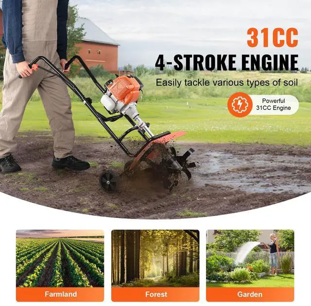 Alt view image 2 of 7 - Tiller Cultivator, 31CC 4-Stroke Garden Cultivator, Tiller with 4 Steel Adjustable Front Tines for Lawn, Garden and Field Cultivation