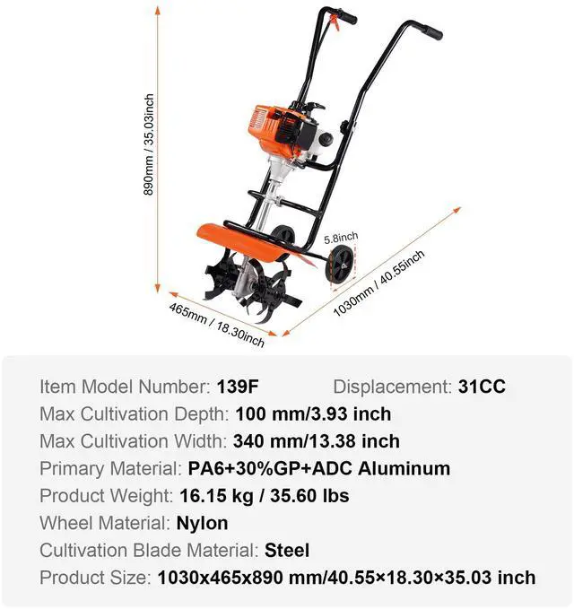 Alt view image 7 of 7 - Tiller Cultivator, 31CC 4-Stroke Garden Cultivator, Tiller with 4 Steel Adjustable Front Tines for Lawn, Garden and Field Cultivation