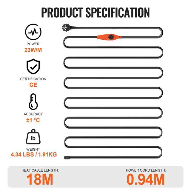 Alt view image 7 of 7 - Pipe Heating Cable, 60FT 7W/FT Heat Tape for Pipes with Built-in Thermostat, Water Pipe Heat Cable Protects PVC Hose, Metal and Plastic Pipe from Freezing