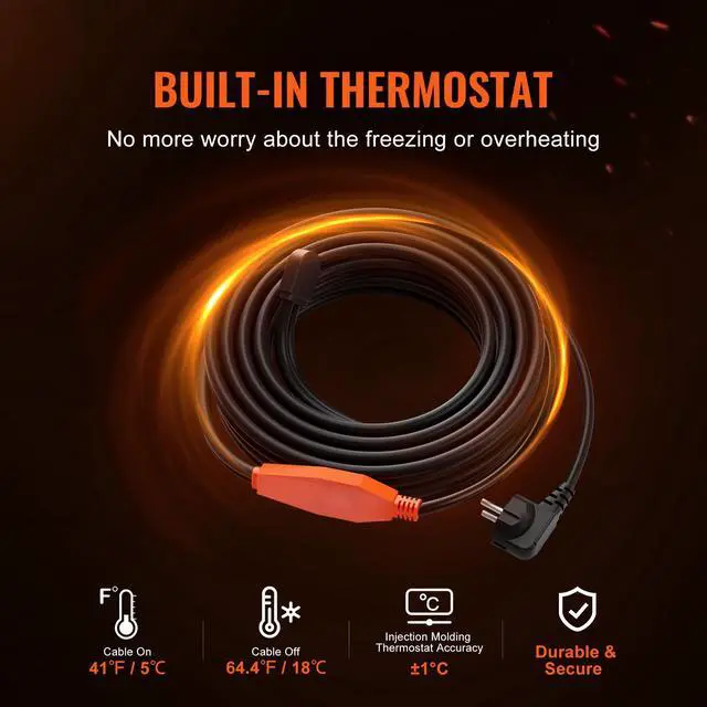 Alt view image 2 of 7 - Pipe Heating Cable, 60FT 7W/FT Heat Tape for Pipes with Built-in Thermostat, Water Pipe Heat Cable Protects PVC Hose, Metal and Plastic Pipe from Freezing
