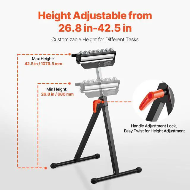 Alt view image 3 of 7 - VEVOR Folding Roller Stand Max Load 300 lb Adjustable 26.8-42.5 in for Woodworking