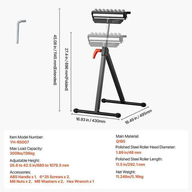 Alt view image 7 of 7 - VEVOR Folding Roller Stand Max Load 300 lb Adjustable 26.8-42.5 in for Woodworking