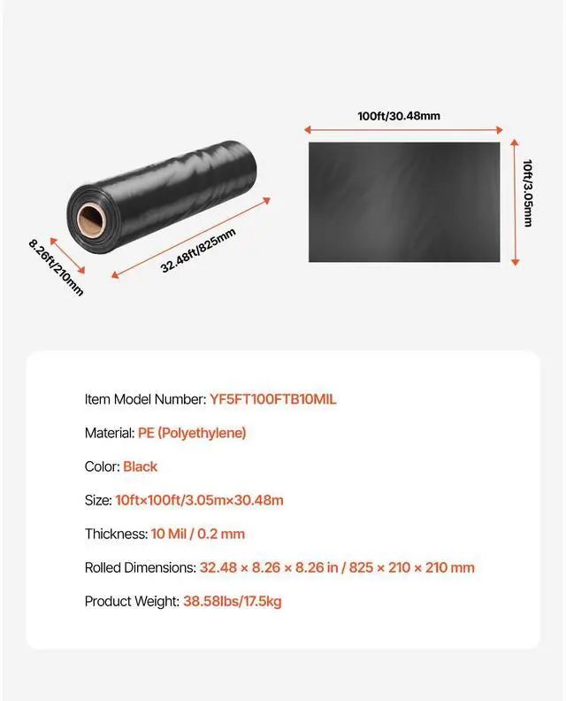 Alt view image 7 of 7 - VEVOR 10 Mil Plastic Sheeting Heavy Duty 10' x 100', Thick Plastic Sheeting Roll, Plastic Drop Cloth Painters Tarp, Polyethylene Covering for Crawl Space Vapor Barrier, Multi-Purpose, Black
