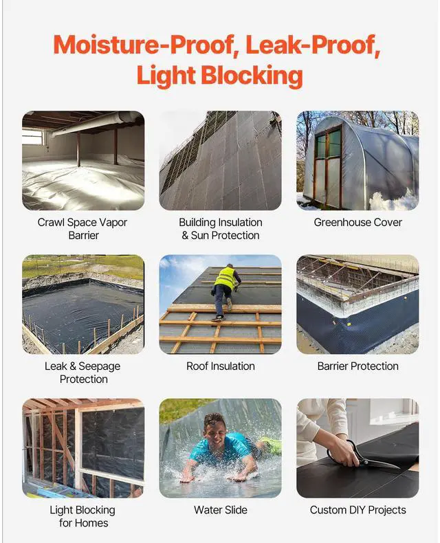 Alt view image 4 of 7 - VEVOR 10 Mil Plastic Sheeting Heavy Duty 10' x 100', Thick Plastic Sheeting Roll, Plastic Drop Cloth Painters Tarp, Polyethylene Covering for Crawl Space Vapor Barrier, Multi-Purpose, Black