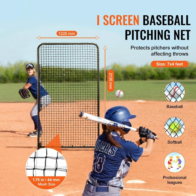 Alt view image 2 of 7 - I Screen Baseball for Batting Cage, 7x4 ft Baseball Softball Safety Screen, Body Protector Portable Batting Screen with Carry Bag & Ground Stakes, Heavy Duty Pitching Net for Pitchers Protection