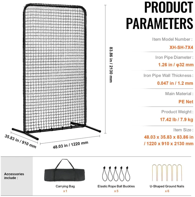 Alt view image 7 of 7 - I Screen Baseball for Batting Cage, 7x4 ft Baseball Softball Safety Screen, Body Protector Portable Batting Screen with Carry Bag & Ground Stakes, Heavy Duty Pitching Net for Pitchers Protection