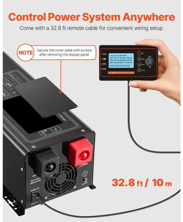 Alt view image 5 of 7 - Pure Sine Wave Inverter Charger, 2000 Watt, DC 12V to AC 120V Power Inverter with LCD Display, Remote Control, Solar Inverter for Off-Grid Solar RV Boat Home, Compatible with Various Batteries