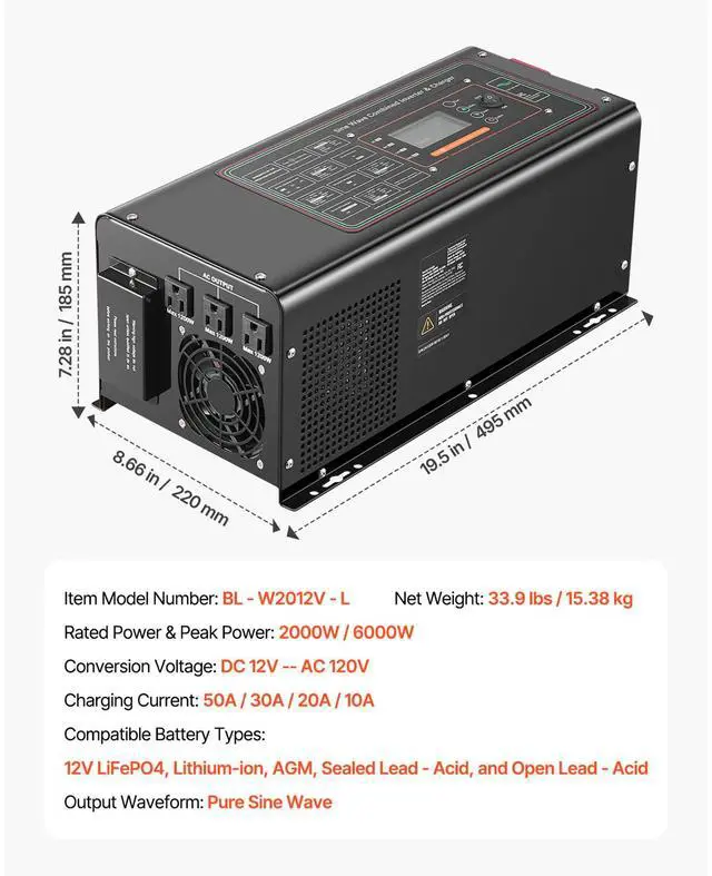 Alt view image 7 of 7 - Pure Sine Wave Inverter Charger, 2000 Watt, DC 12V to AC 120V Power Inverter with LCD Display, Remote Control, Solar Inverter for Off-Grid Solar RV Boat Home, Compatible with Various Batteries