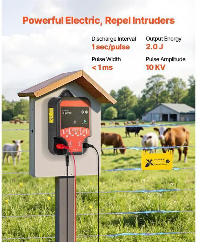 Alt view image 2 of 7 - Electric Fence Charger, 10kV 2J, AC DC Electric Fence Energizer with LED Indicator, 1.86 Miles Range, Powerful Plug-in Fences Charger, Prevents Wild Animals Intrusion for Livestock Poultry