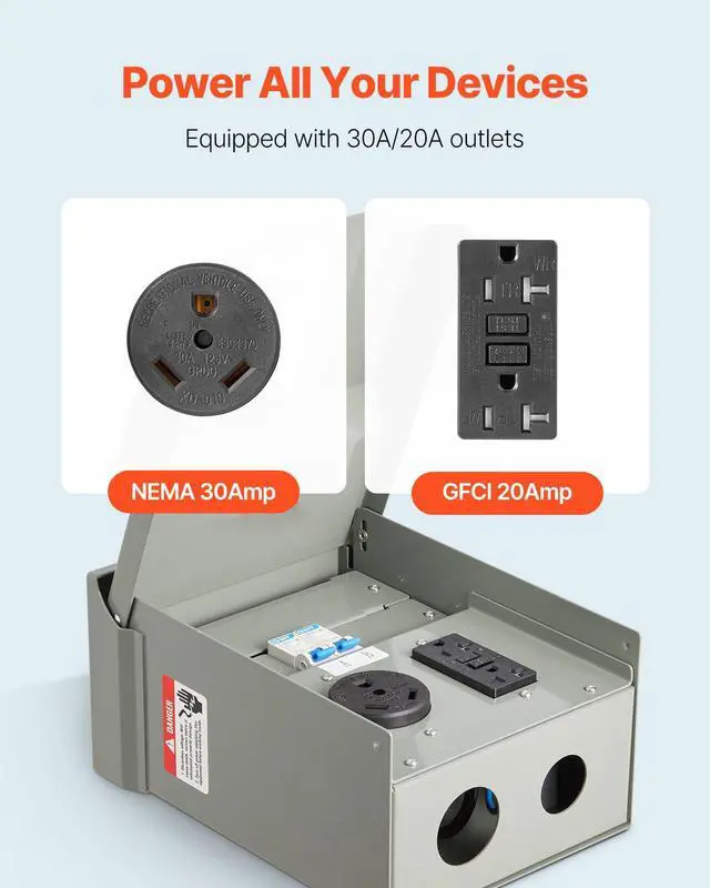 Alt view image 3 of 7 - Temporary Power Outlet Panel, 20 30 Amp, RV EV Electrical Outlet Panel with NEMA 30 Amp GFCI 20 Amp Receptacle Installed, Pre-Wired IP54 Weatherproof Box, for RV Camper Car Travel Motorhome