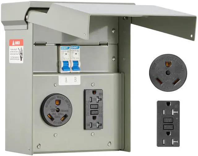 Main image of Temporary Power Outlet Panel, 20 30 Amp, RV EV Electrical Outlet Panel with NEMA 30 Amp GFCI 20 Amp Receptacle Installed, Pre-Wired IP54 Weatherproof Box, for RV Camper Car Travel Motorhome