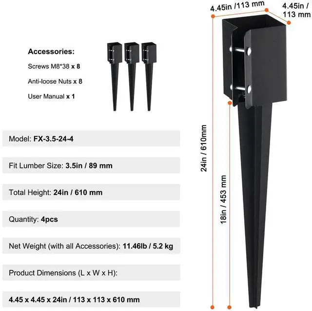 Alt view image 7 of 7 - Fence Post Anchor Ground Spike, 4 Pack 24 x 4 x 4 Inches Outer Diameter (Inner Diameter 3.5 x3.5 Inches), Metal Black Powder Coated Post Stake Ground, for Mailbox Deck Garden Railing