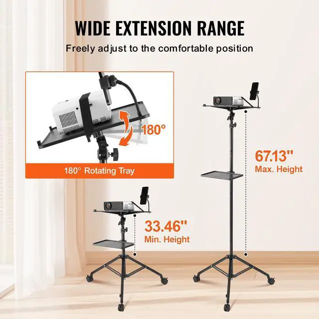 Alt view image 3 of 7 - Projector Stand with Wheels, Laptop Stand Tripod Adjustable Height from 31.3 to 67.3", Projector Tripod Stand with 2 Trays & Gooseneck Phone Holder, for Outdoor Movies, Home, Office or Studio