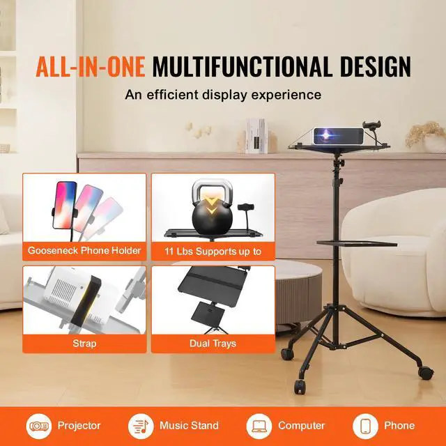 Alt view image 2 of 7 - Projector Stand with Wheels, Laptop Stand Tripod Adjustable Height from 31.3 to 67.3", Projector Tripod Stand with 2 Trays & Gooseneck Phone Holder, for Outdoor Movies, Home, Office or Studio