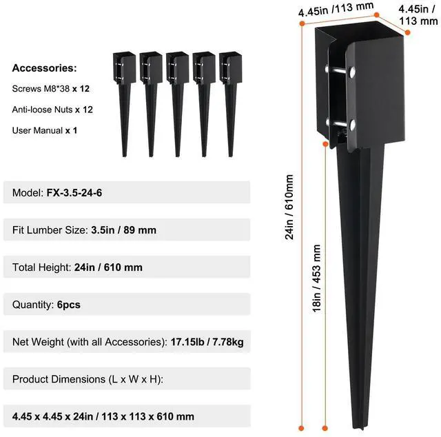 Alt view image 7 of 7 - Fence Post Anchor Ground Spike, 6 Pack 24 x 4 x 4 Inches Outer Diameter (Inner Diameter 3.5 x3.5 Inches), Metal Black Powder Coated Post Stake Ground, for Mailbox Deck Garden Railing