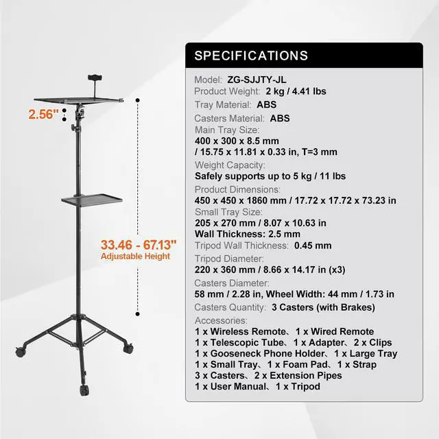 Alt view image 7 of 7 - Projector Stand with Wheels, Laptop Stand Tripod Adjustable Height from 31.3 to 67.3", Projector Tripod Stand with 2 Trays & Gooseneck Phone Holder, for Outdoor Movies, Home, Office or Studio