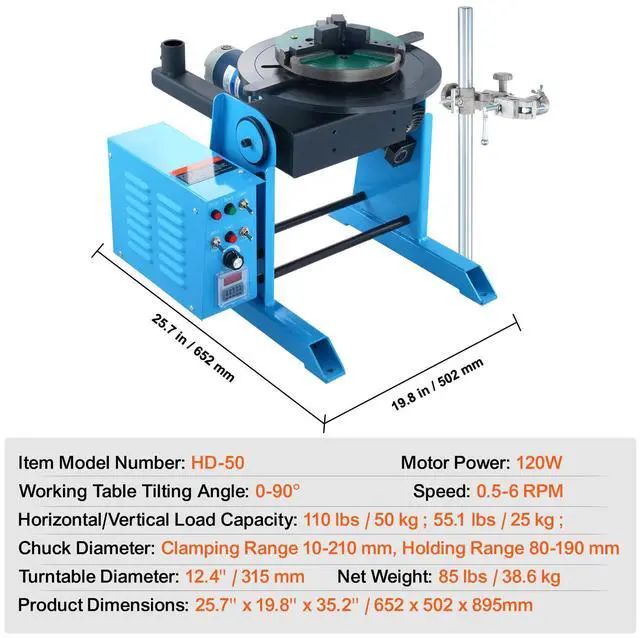 Alt view image 7 of 7 - Rotary Welding Positioner 50KG, 0-90° Welding Positioning Turntable Table 0.5-6RPM 120W, with 12.4 Inch 3-Jaw Lathe Chuck & Welding Torch Stand Holder for Cutting, Grinding, Assembly, Testing
