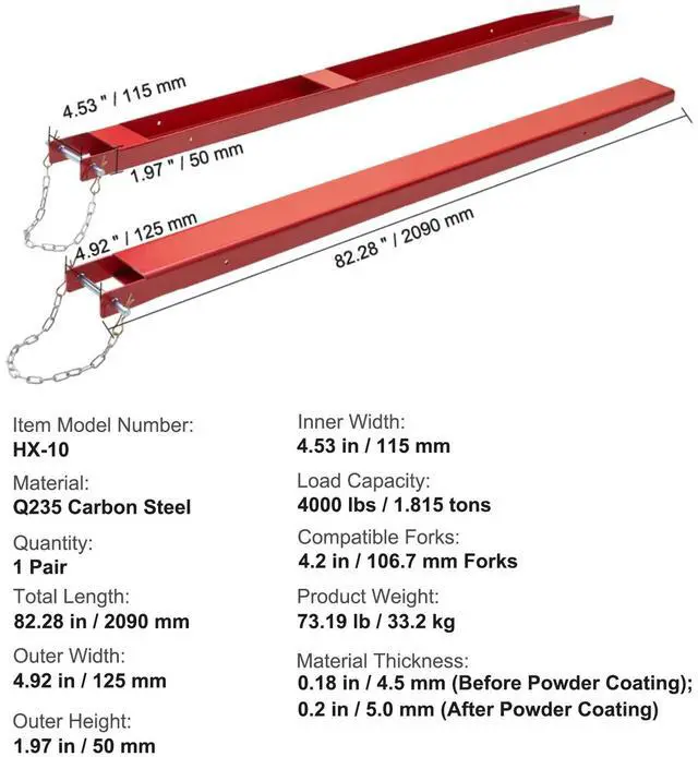 Alt view image 7 of 7 - Pallet Fork Extensions, 82" Length 4.5" Width, Heavy Duty Carbon Steel Fork Extensions for Forklifts, 1 Pair Forklift Extensions with Pins, Forklift Fork Attachments for Forklift Truck, Red