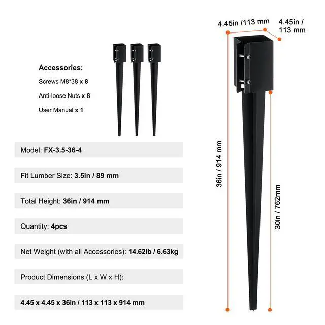 Alt view image 7 of 7 - Fence Post Anchor Ground Spike, 4 Pack 36 x 4 x 4 Inches Outer Diameter (Inner Diameter 3.5 x3.5 Inches), Metal Black Powder Coated Post Stake Ground, for Mailbox Deck Garden Railing
