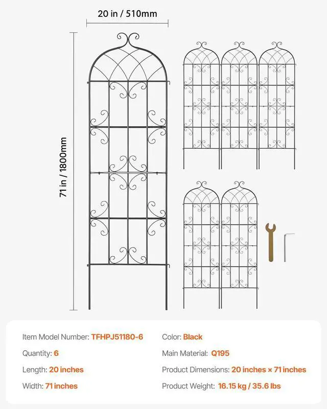 Alt view image 7 of 7 - Garden Trellis for Climbing Plants, 71 x 20 in, 6 Packs Rustproof Metal Garden Flower Trellis, Outdoor Climbing Rose Trellis Cucumbers Support, Decorative Clematis Trellis for Courtyards Lawns
