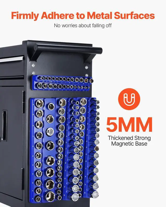 Alt view image 3 of 7 - Magnetic Socket Organizer Set, 8PCS Socket Holder, 1/4'', 3/8'' & 1/2'' Metric SAE Socket Trays with Clear Labels, Hold up to 199PCS Standard & Deep Sockets, Blaue & Red (Sockets Not Included)