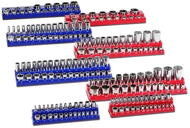 Main image of Magnetic Socket Organizer Set, 8PCS Socket Holder, 1/4'', 3/8'' & 1/2'' Metric SAE Socket Trays with Clear Labels, Hold up to 199PCS Standard & Deep Sockets, Blaue & Red (Sockets Not Included)