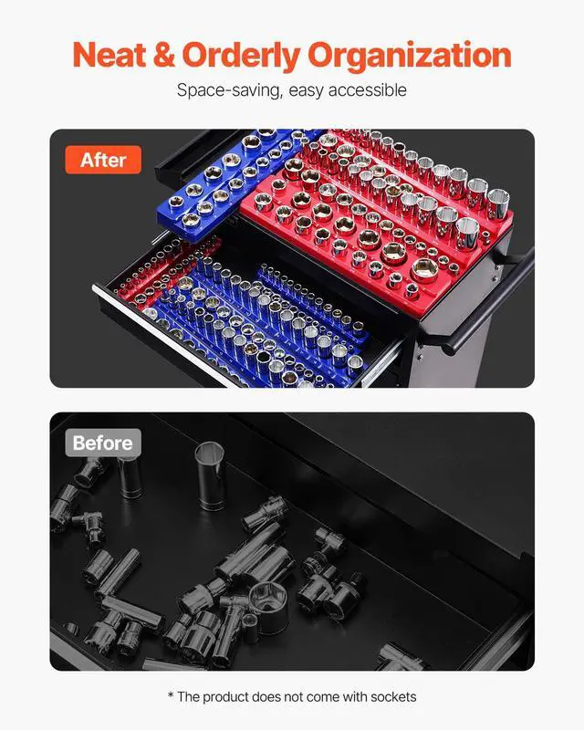 Alt view image 4 of 7 - Magnetic Socket Organizer Set, 8PCS Socket Holder, 1/4'', 3/8'' & 1/2'' Metric SAE Socket Trays with Clear Labels, Hold up to 199PCS Standard & Deep Sockets, Blaue & Red (Sockets Not Included)