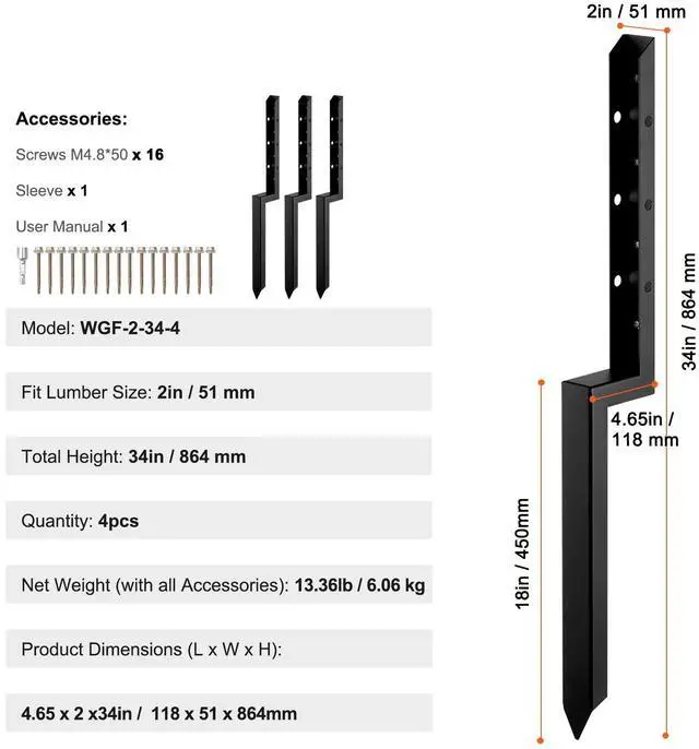 Alt view image 7 of 7 - Fence Post Anchor Repair Kit, 4 Pack Inner Diameter 2 x2 Inches Heavy Duty Steel Fence Post Support Stakes, Anchor Ground Spike for Repair Tilted, Broken Wood Fence Post
