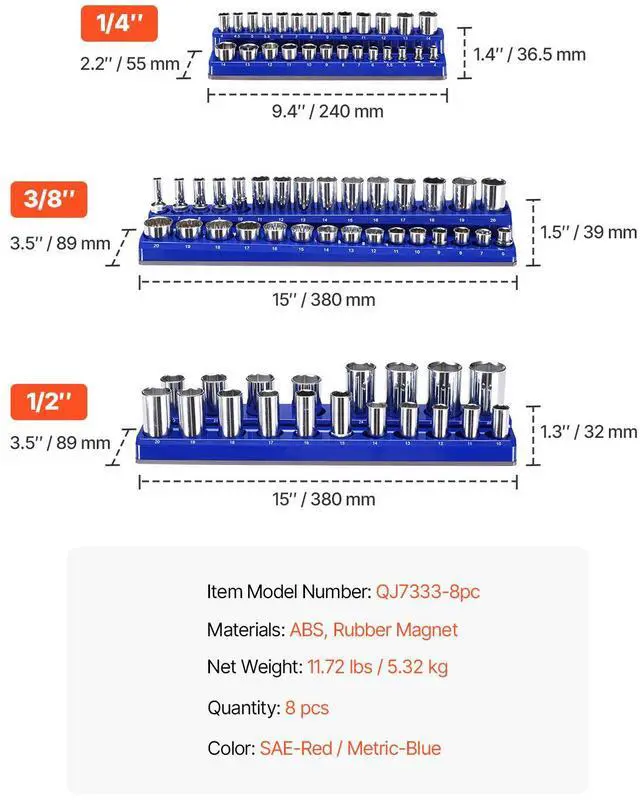 Alt view image 7 of 7 - Magnetic Socket Organizer Set, 8PCS Socket Holder, 1/4'', 3/8'' & 1/2'' Metric SAE Socket Trays with Clear Labels, Hold up to 199PCS Standard & Deep Sockets, Blaue & Red (Sockets Not Included)