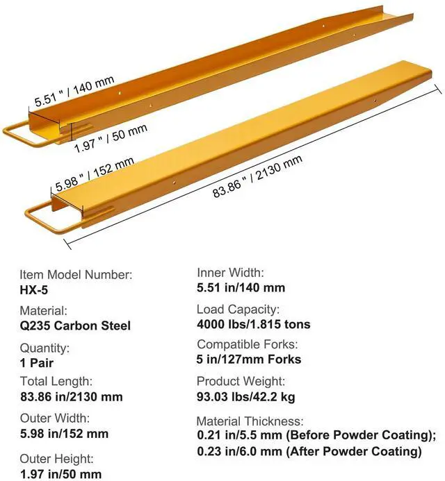 Alt view image 7 of 7 - Pallet Fork Extensions, 84" Length 5.5" Width, Heavy Duty Carbon Steel Fork Extensions for Forklifts, 1 Pair Forklift Extensions, Industrial Forklift Fork Attachments for Forklift Truck, Yellow
