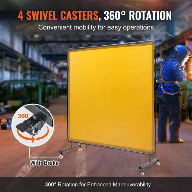 Alt view image 3 of 7 - VEVOR Welding Screen with Frame, 6' x 6' Welding Curtain Screen, Flame-Resistant Vinyl Welding Protection Screen on 4 Swivel Wheel (2 Lockable), Moveable & Professional for Workshop/Industrial, Yellow