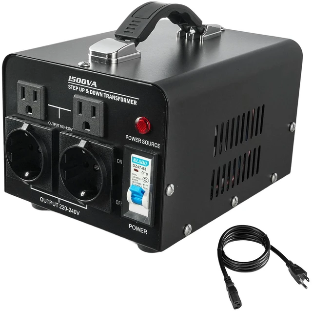 Main image of Voltage Converter Transformer, 1500VA, Heavy Duty Step Up/Down Power Transformer, Convert from 110V to 220V and 220V to 110V, with US Outlets, EU Outlets, Power Cord, Circuit Breaker Protection