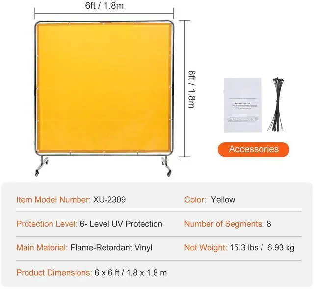 Alt view image 7 of 7 - VEVOR Welding Screen with Frame, 6' x 6' Welding Curtain Screen, Flame-Resistant Vinyl Welding Protection Screen on 4 Swivel Wheel (2 Lockable), Moveable & Professional for Workshop/Industrial, Yellow