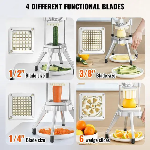 Alt view image 3 of 7 - Commercial Vegetable Fruit Chopper, Stainless Steel French Fry Cutter with 4 Blades 1/4" 3/8" 1/2", 6-wedge Slicer, Chopper Dicer with Tray, Heavy Duty Cutter for Potato Tomato Onion Mushroom