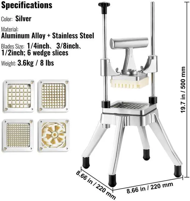 Alt view image 7 of 7 - Commercial Vegetable Fruit Chopper, Stainless Steel French Fry Cutter with 4 Blades 1/4" 3/8" 1/2", 6-wedge Slicer, Chopper Dicer with Tray, Heavy Duty Cutter for Potato Tomato Onion Mushroom