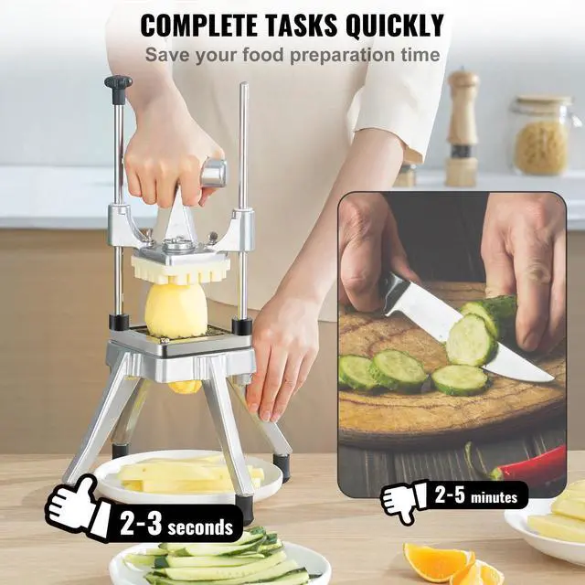 Alt view image 4 of 7 - Commercial Vegetable Fruit Chopper, Stainless Steel French Fry Cutter with 4 Blades 1/4" 3/8" 1/2", 6-wedge Slicer, Chopper Dicer with Tray, Heavy Duty Cutter for Potato Tomato Onion Mushroom
