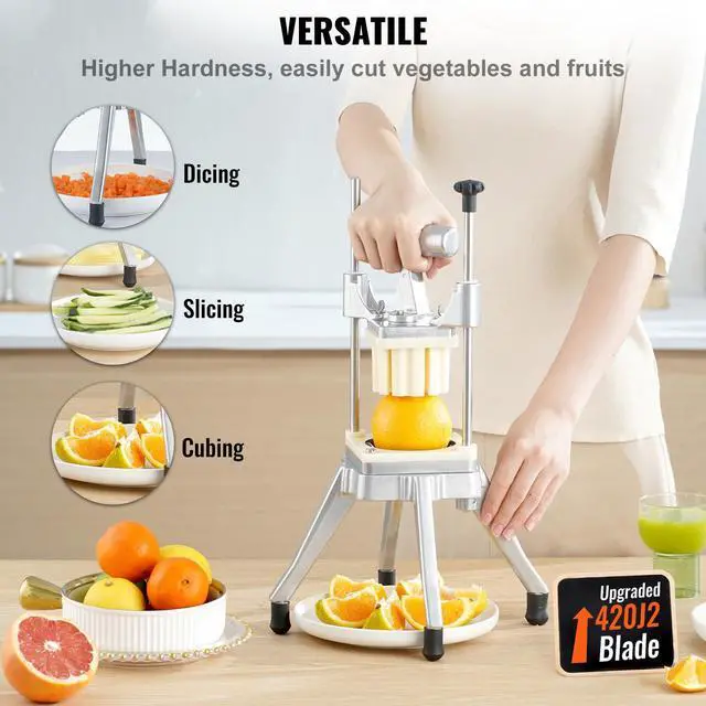 Alt view image 2 of 7 - Commercial Vegetable Fruit Chopper, Stainless Steel French Fry Cutter with 4 Blades 1/4" 3/8" 1/2", 6-wedge Slicer, Chopper Dicer with Tray, Heavy Duty Cutter for Potato Tomato Onion Mushroom